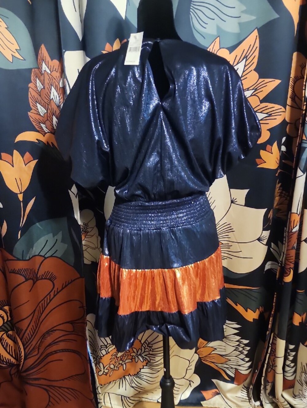 TCEC Navy and Orange Metallic Tiered Skater Dress - Picture 4 of 7